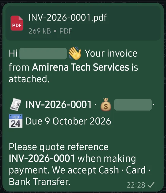 WhatsApp message from Amirena Tech Services with a PDF invoice attached, invoice reference and due date