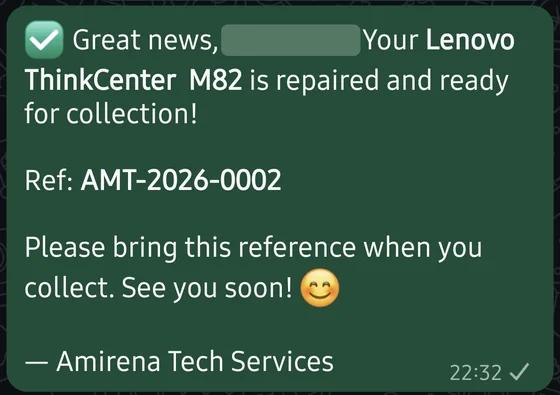 WhatsApp message from Amirena Tech Services saying a Lenovo ThinkCentre M82 is repaired and ready for collection, with job reference
