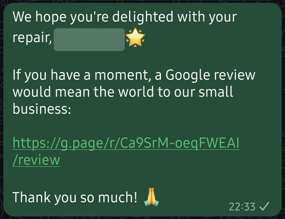 WhatsApp follow-up message from Amirena Tech Services thanking the customer after their repair